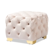 Baxton Studio Avara Glam and Luxe Light Beige Velvet Fabric Upholstered Gold Finished Button Tufted Ottoman
